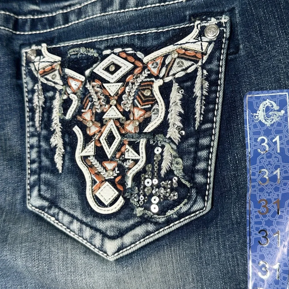Grace in LA Women's Bootcut Jeans 31 NWT Cow Skull Embellished Easy Fit‎ Y2K